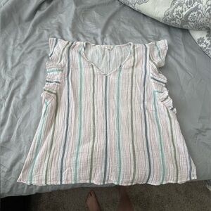 Caslon Caslonr Pink Parfait Jessie Stripe Ruffle V-Neck Gauze Top